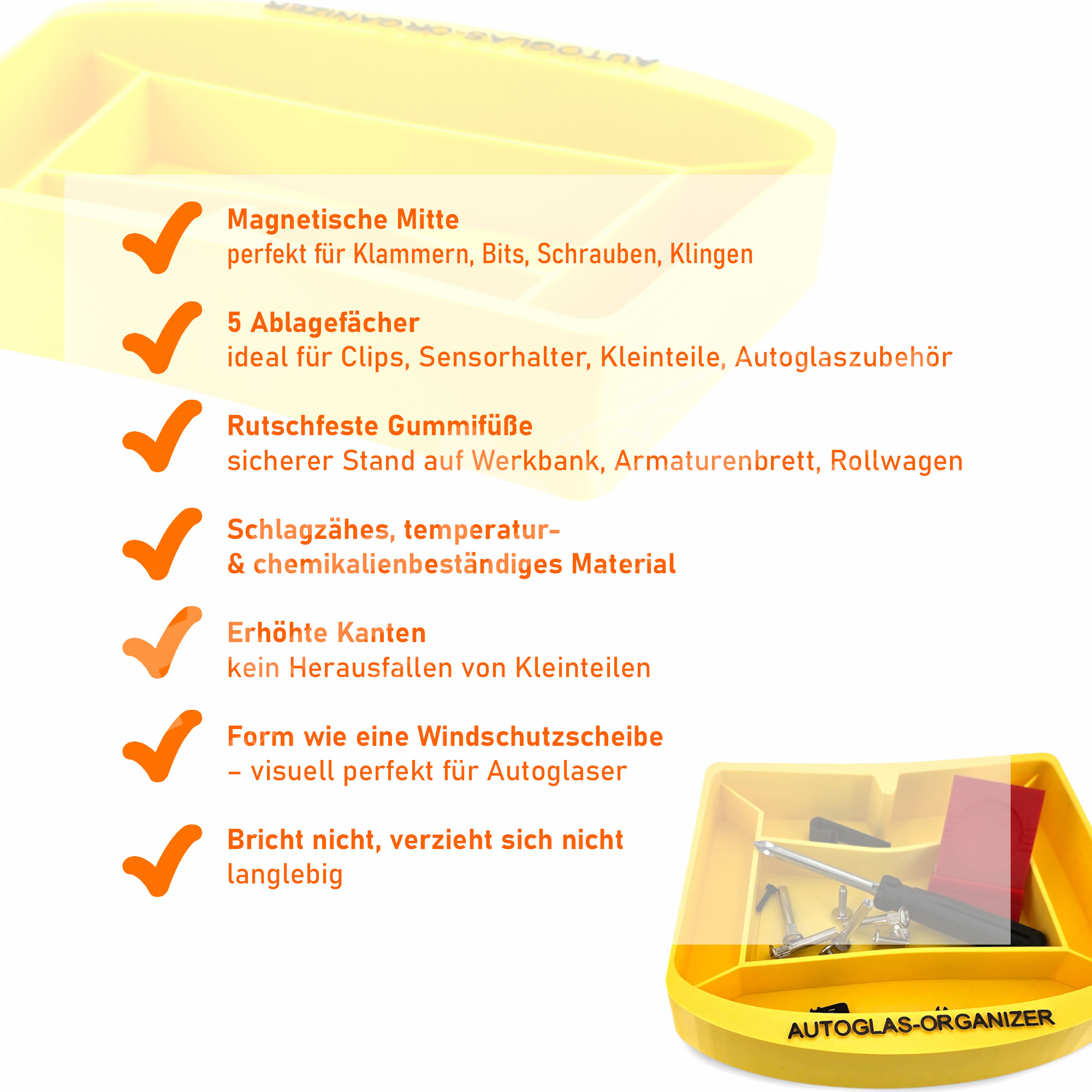 Magnetischer Autoglas Organizer – Ablageschale Scheibenform mit 5 Fächern Gelb 20 cm – Bild 4