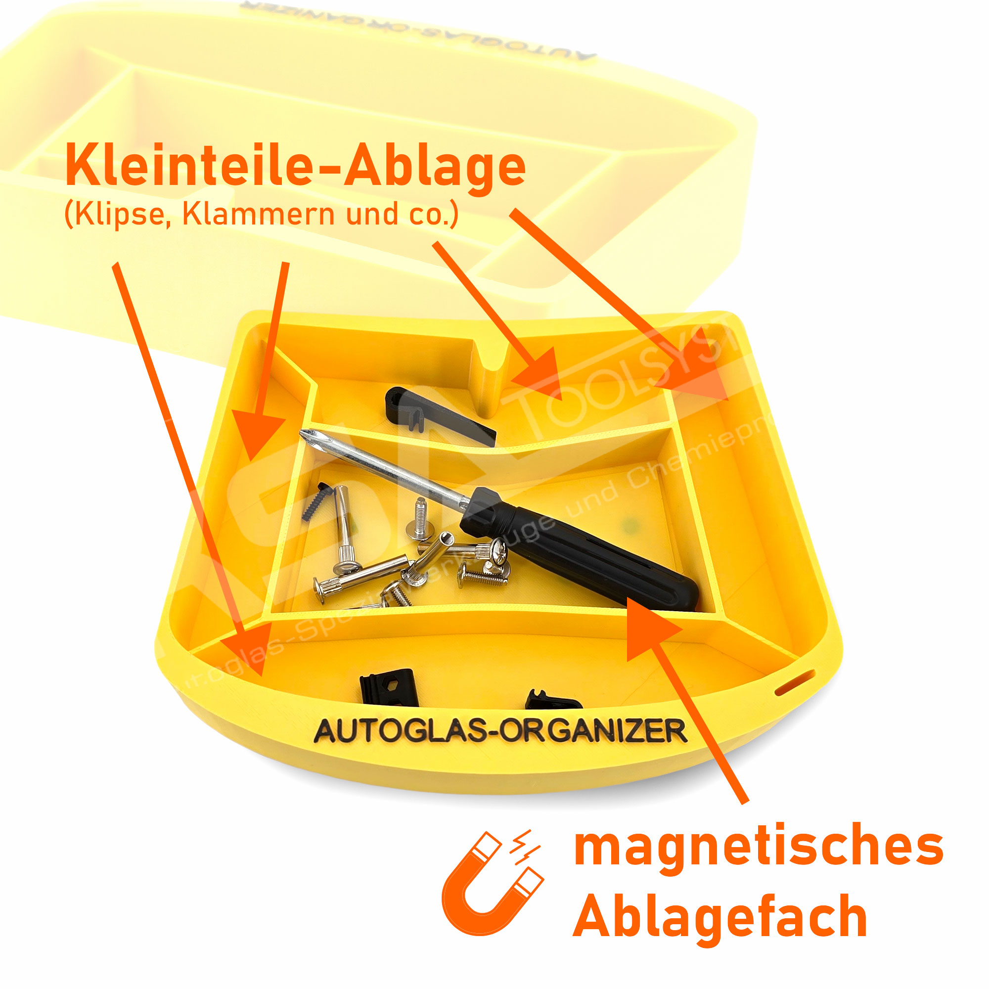 Magnetischer Autoglas Organizer – Ablageschale Scheibenform mit 5 Fächern Gelb 20 cm – Bild 5