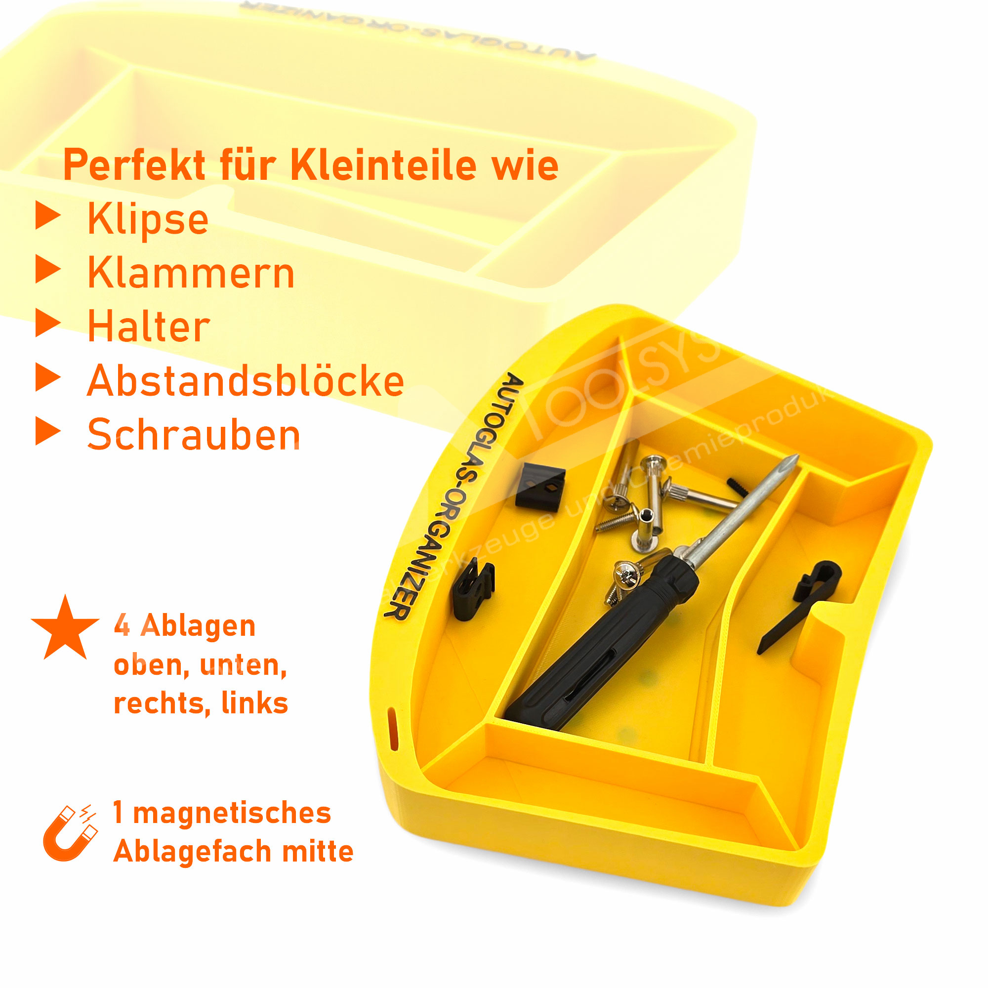 Magnetischer Autoglas Organizer – Ablageschale Scheibenform mit 5 Fächern Gelb 20 cm – Bild 6