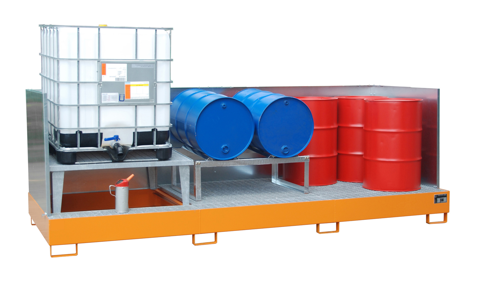 Auffangwanne Typ AWA 31/SW, mit 3-seitiger Spritzschutzwand, mit 1x Abfüllaufsatz & 2x Gitterrost, max. Anzahl 3x1000l-IBC, versch. Farben o. Feuerverzinkt – Bild 3