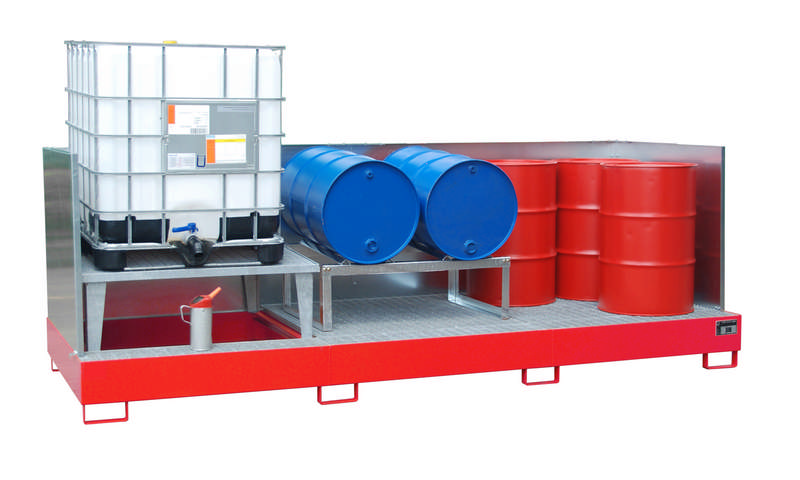 Auffangwanne Typ AWA 31/SW, mit 3-seitiger Spritzschutzwand, mit 1x Abfüllaufsatz & 2x Gitterrost, max. Anzahl 3x1000l-IBC, versch. Farben o. Feuerverzinkt – Bild 4