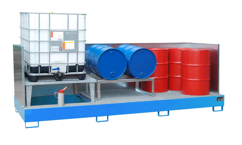 Auffangwanne Typ AWA 31/SW, mit 3-seitiger Spritzschutzwand, mit 1x Abfüllaufsatz & 2x Gitterrost, max. Anzahl 3x1000l-IBC, versch. Farben o. Feuerverzinkt – Bild 5