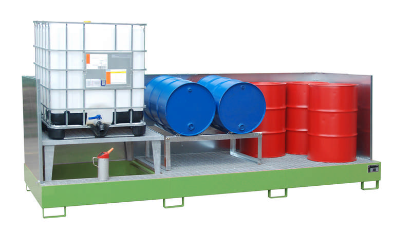 Auffangwanne Typ AWA 31/SW, mit 3-seitiger Spritzschutzwand, mit 1x Abfüllaufsatz & 2x Gitterrost, max. Anzahl 3x1000l-IBC, versch. Farben o. Feuerverzinkt – Bild 6