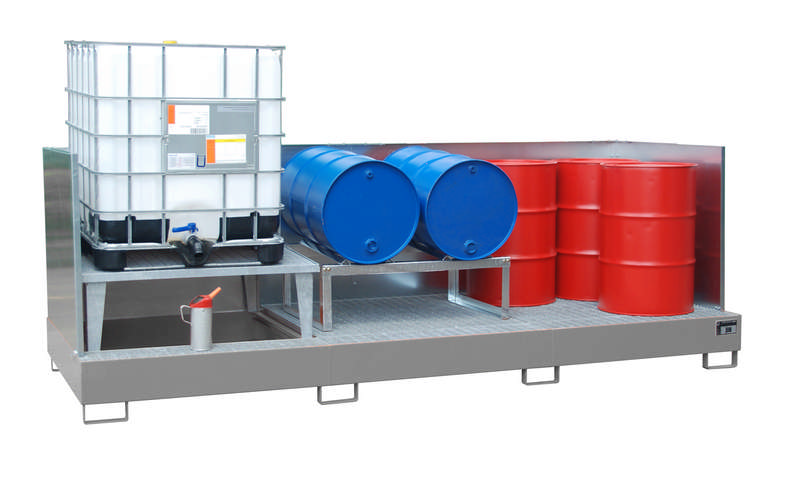 Auffangwanne Typ AWA 31/SW, mit 3-seitiger Spritzschutzwand, mit 1x Abfüllaufsatz & 2x Gitterrost, max. Anzahl 3x1000l-IBC, versch. Farben o. Feuerverzinkt – Bild 7